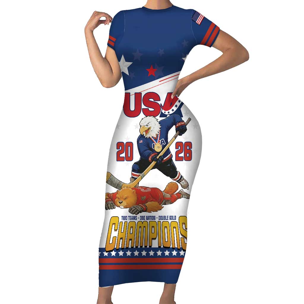 Custom USA Ice Hockey Champions 2026 Short Sleeve Bodycon Dress American Eagle Victory Hockey Pride