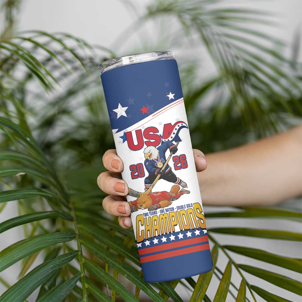 Custom USA Ice Hockey Champions 2026 Skinny Tumbler American Eagle Victory Hockey Pride