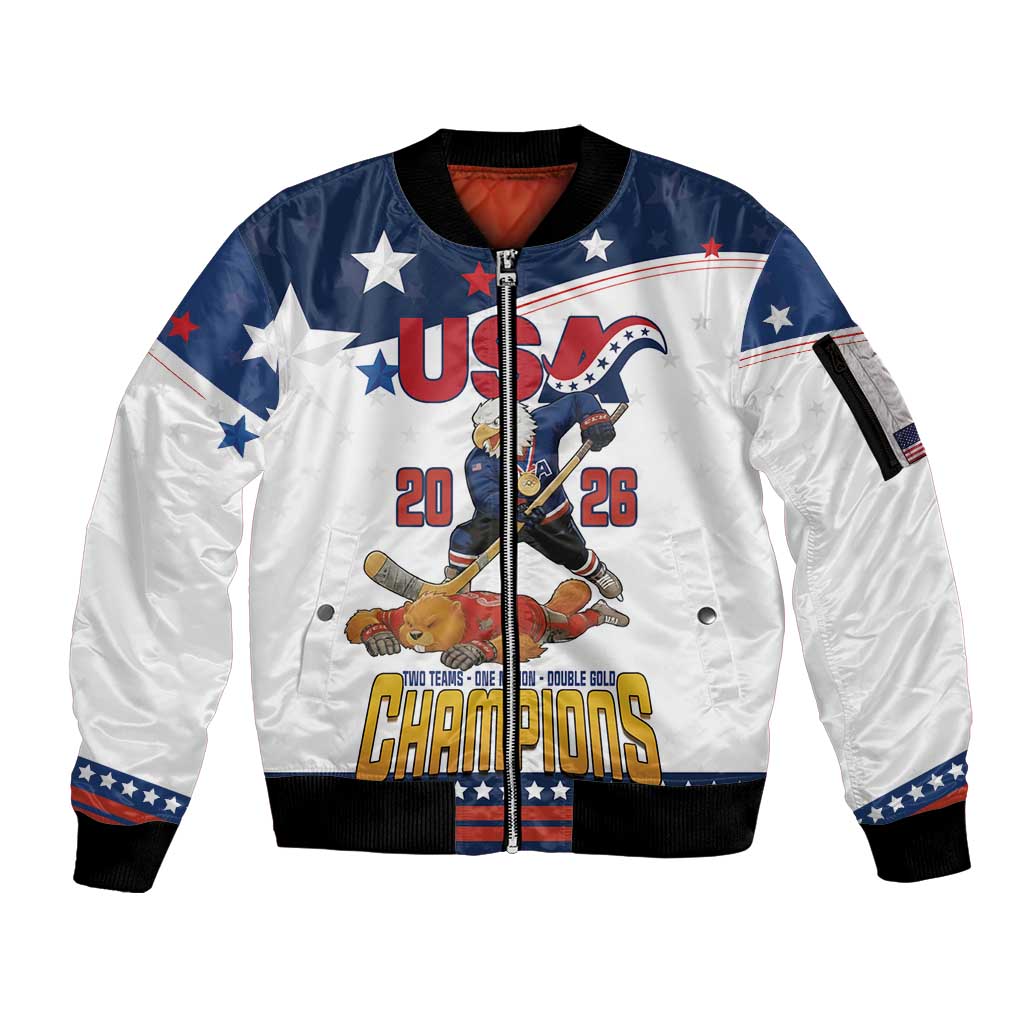 Custom USA Ice Hockey Champions 2026 Sleeve Zip Bomber Jacket American Eagle Victory Hockey Pride