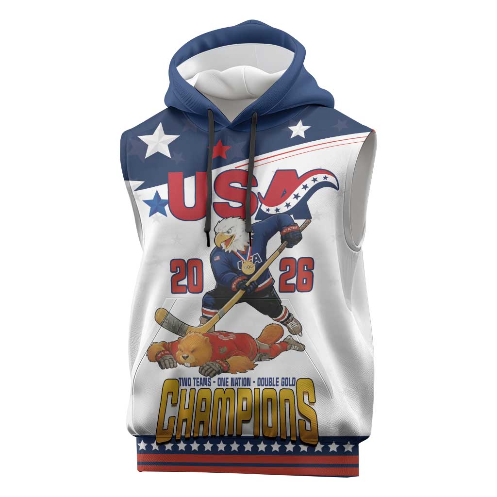 Custom USA Ice Hockey Champions 2026 Sleeveless Hoodie American Eagle Victory Hockey Pride