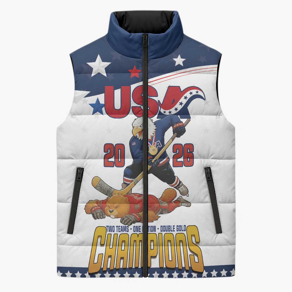 Custom USA Ice Hockey Champions 2026 Sleeveless Puffer Jacket American Eagle Victory Hockey Pride