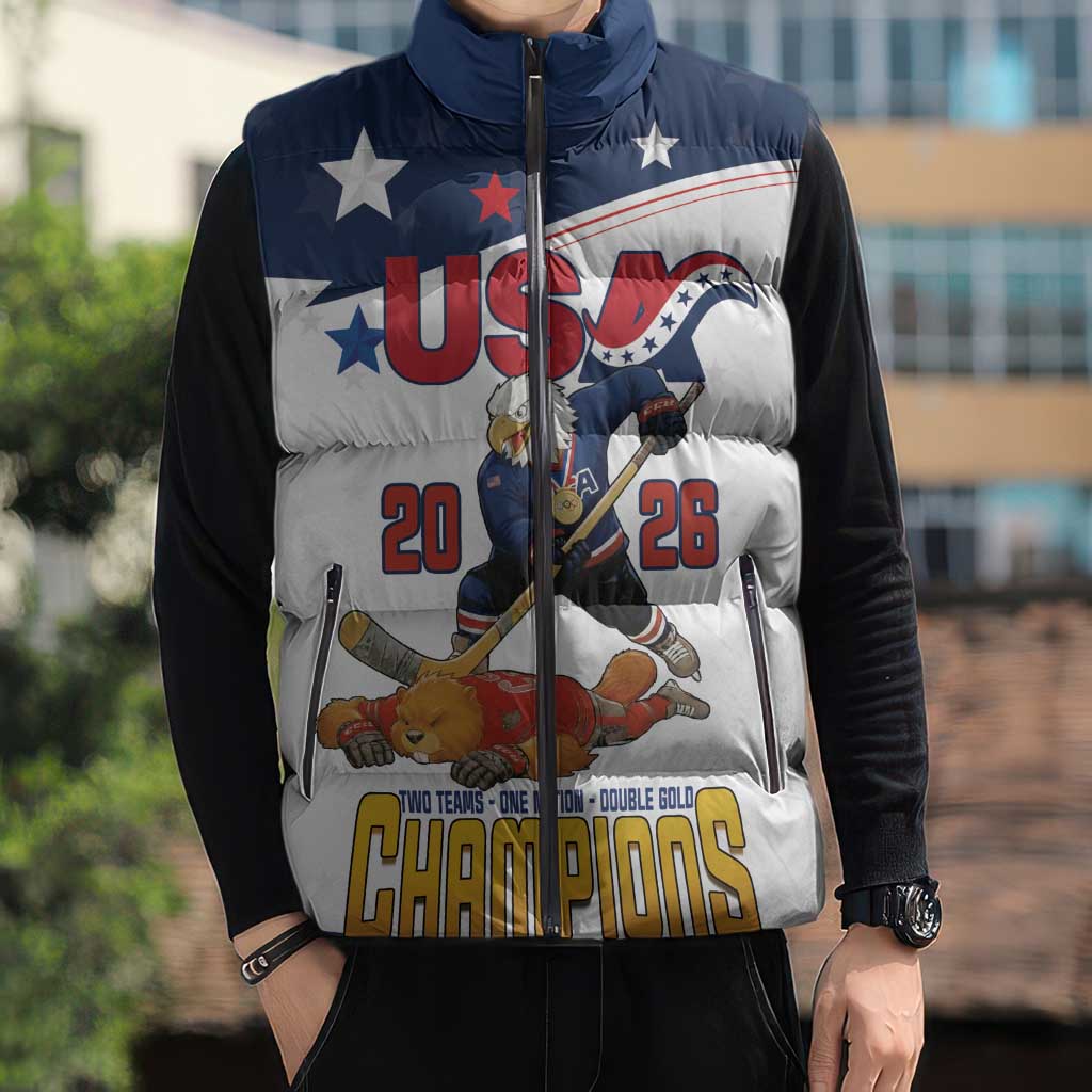 Custom USA Ice Hockey Champions 2026 Sleeveless Puffer Jacket American Eagle Victory Hockey Pride