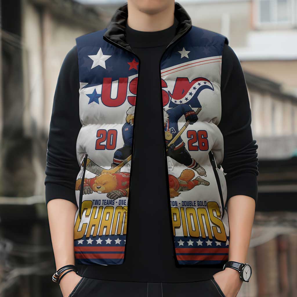 Custom USA Ice Hockey Champions 2026 Sleeveless Puffer Jacket American Eagle Victory Hockey Pride