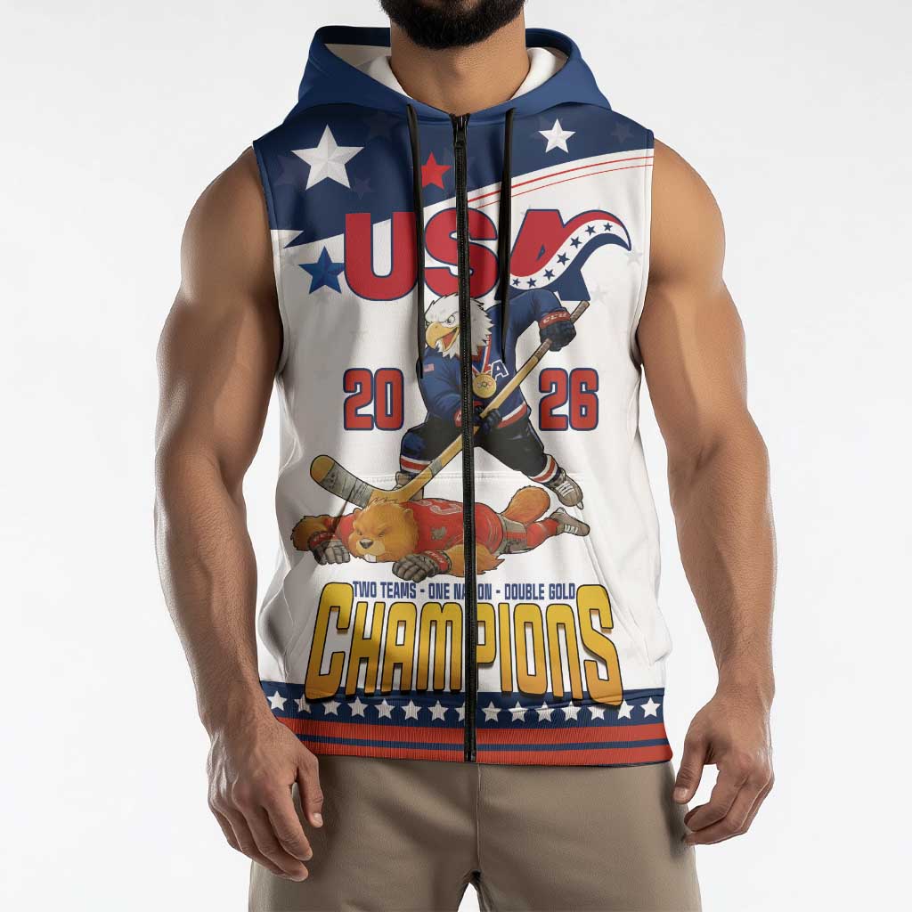 Custom USA Ice Hockey Champions 2026 Sleeveless Zip Hoodie American Eagle Victory Hockey Pride