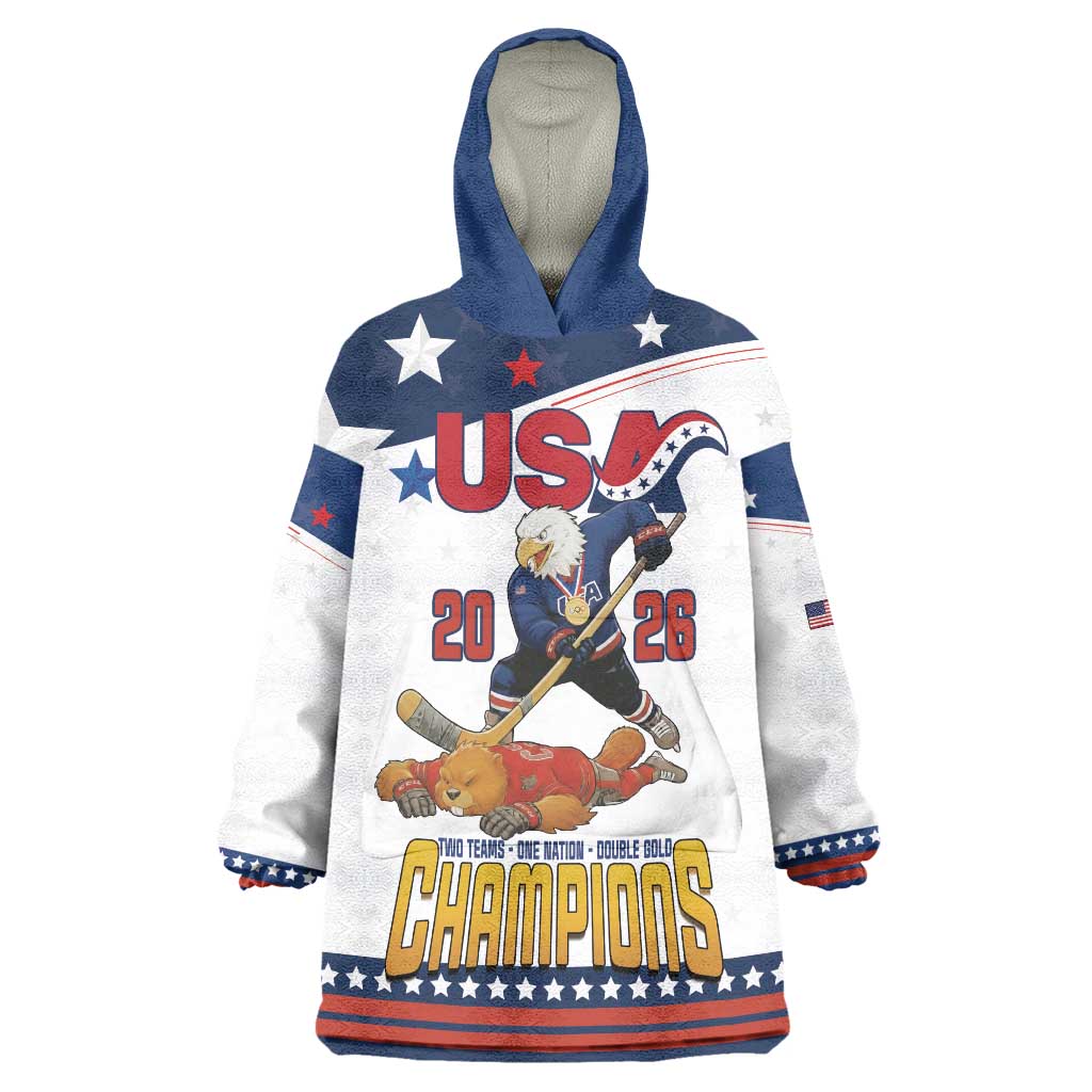 Custom USA Ice Hockey Champions 2026 Wearable Blanket Hoodie American Eagle Victory Hockey Pride