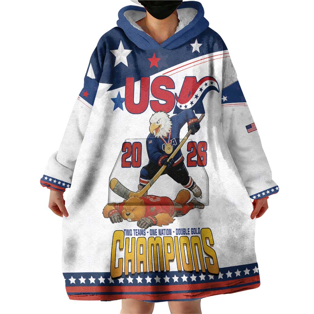 Custom USA Ice Hockey Champions 2026 Wearable Blanket Hoodie American Eagle Victory Hockey Pride