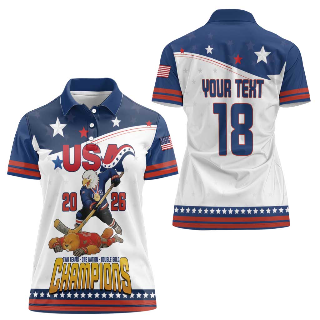 Custom USA Ice Hockey Champions 2026 Women Polo Shirt American Eagle Victory Hockey Pride
