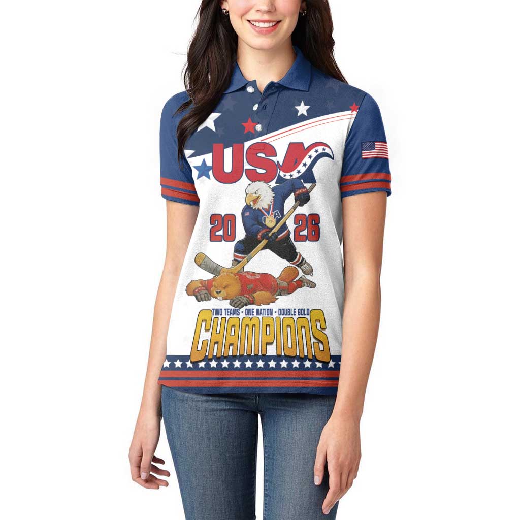 Custom USA Ice Hockey Champions 2026 Women Polo Shirt American Eagle Victory Hockey Pride