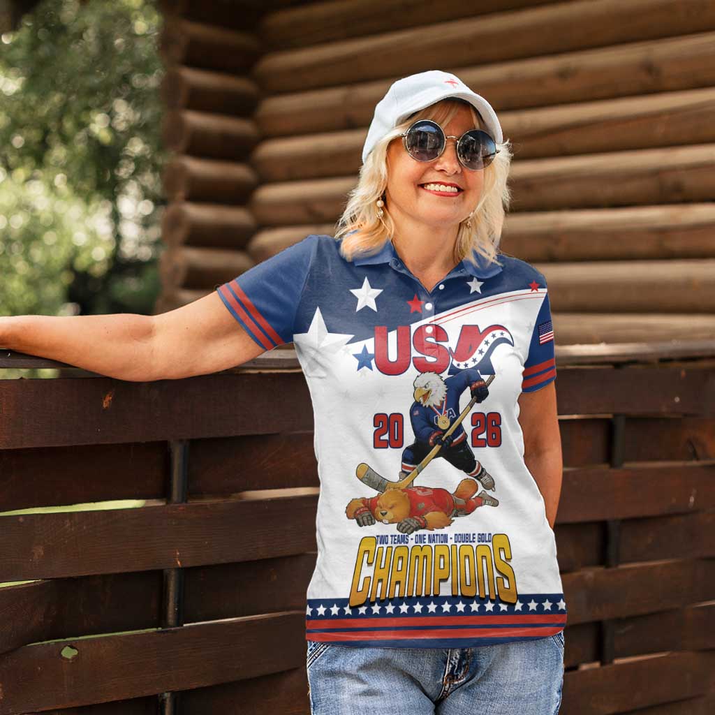 Custom USA Ice Hockey Champions 2026 Women Polo Shirt American Eagle Victory Hockey Pride