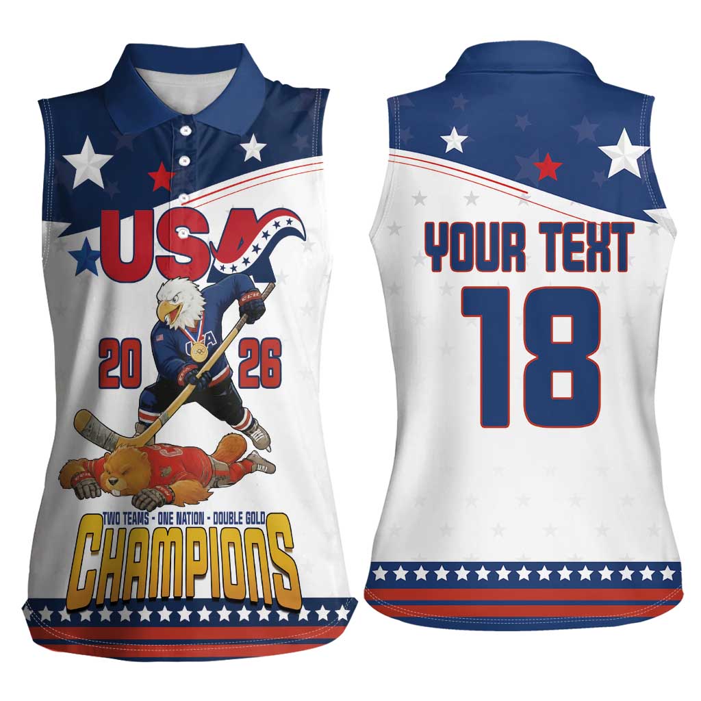 Custom USA Ice Hockey Champions 2026 Women Sleeveless Polo Shirt American Eagle Victory Hockey Pride