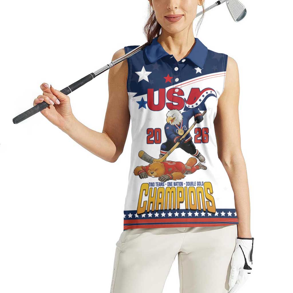 Custom USA Ice Hockey Champions 2026 Women Sleeveless Polo Shirt American Eagle Victory Hockey Pride