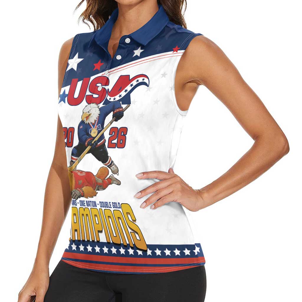 Custom USA Ice Hockey Champions 2026 Women Sleeveless Polo Shirt American Eagle Victory Hockey Pride