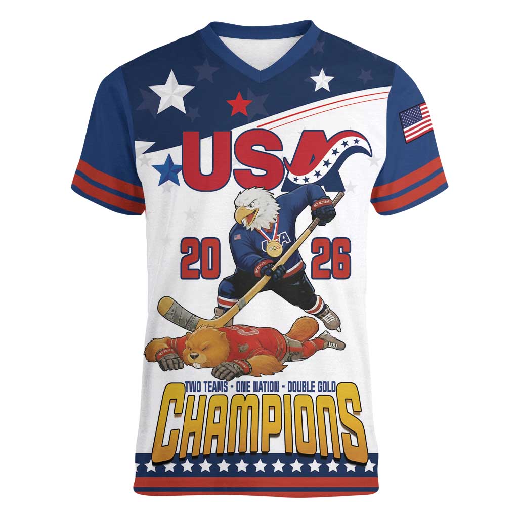 Custom USA Ice Hockey Champions 2026 Women V-Neck T-Shirt American Eagle Victory Hockey Pride