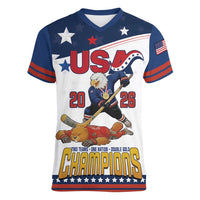 Custom USA Ice Hockey Champions 2026 Women V-Neck T-Shirt American Eagle Victory Hockey Pride