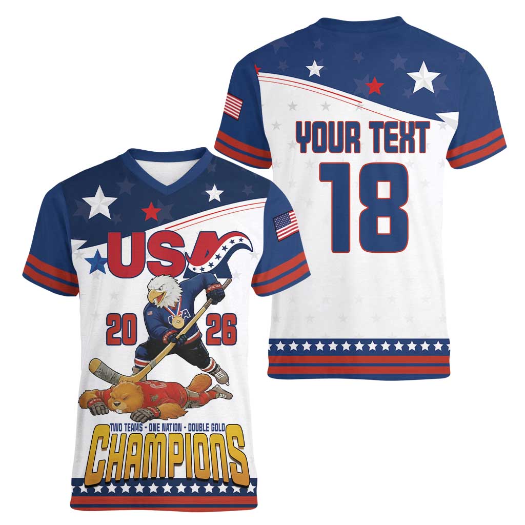 Custom USA Ice Hockey Champions 2026 Women V-Neck T-Shirt American Eagle Victory Hockey Pride