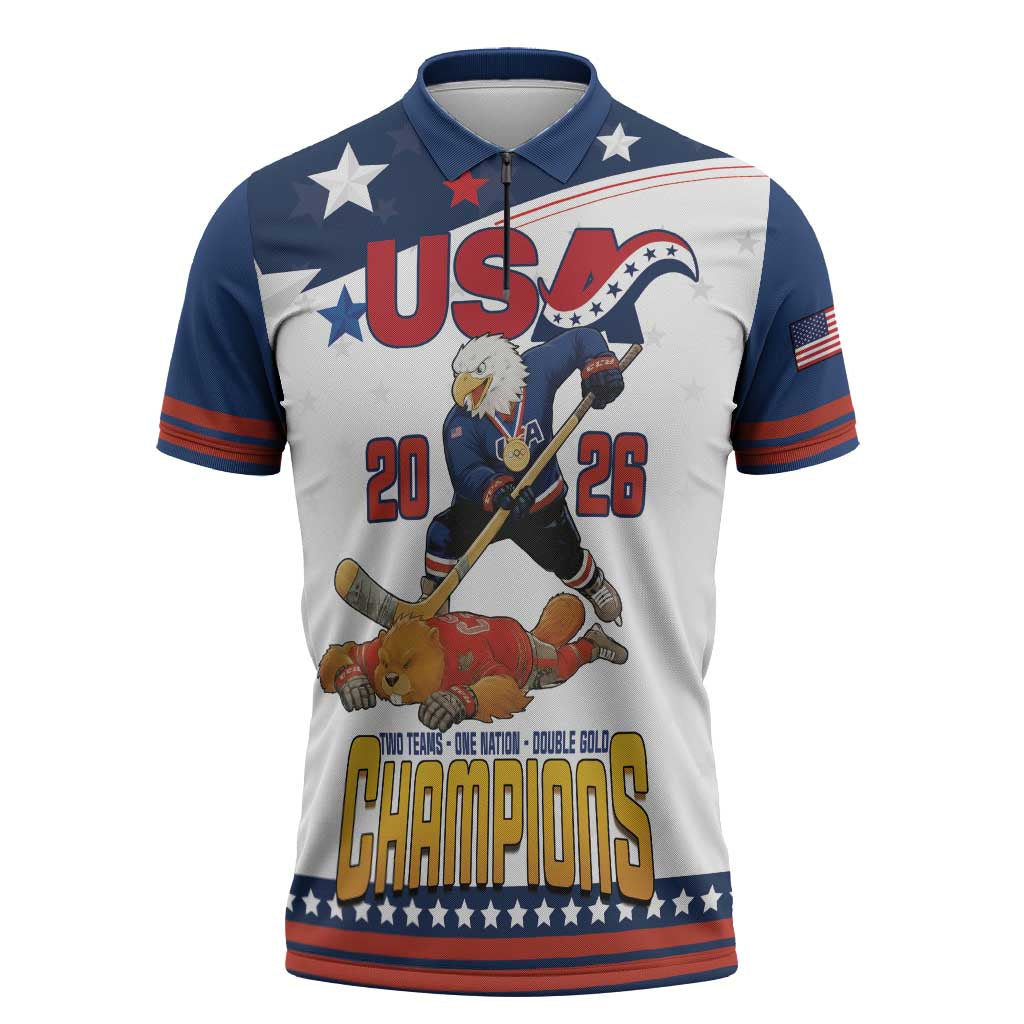 Custom USA Ice Hockey Champions 2026 Zipper Polo Shirt American Eagle Victory Hockey Pride