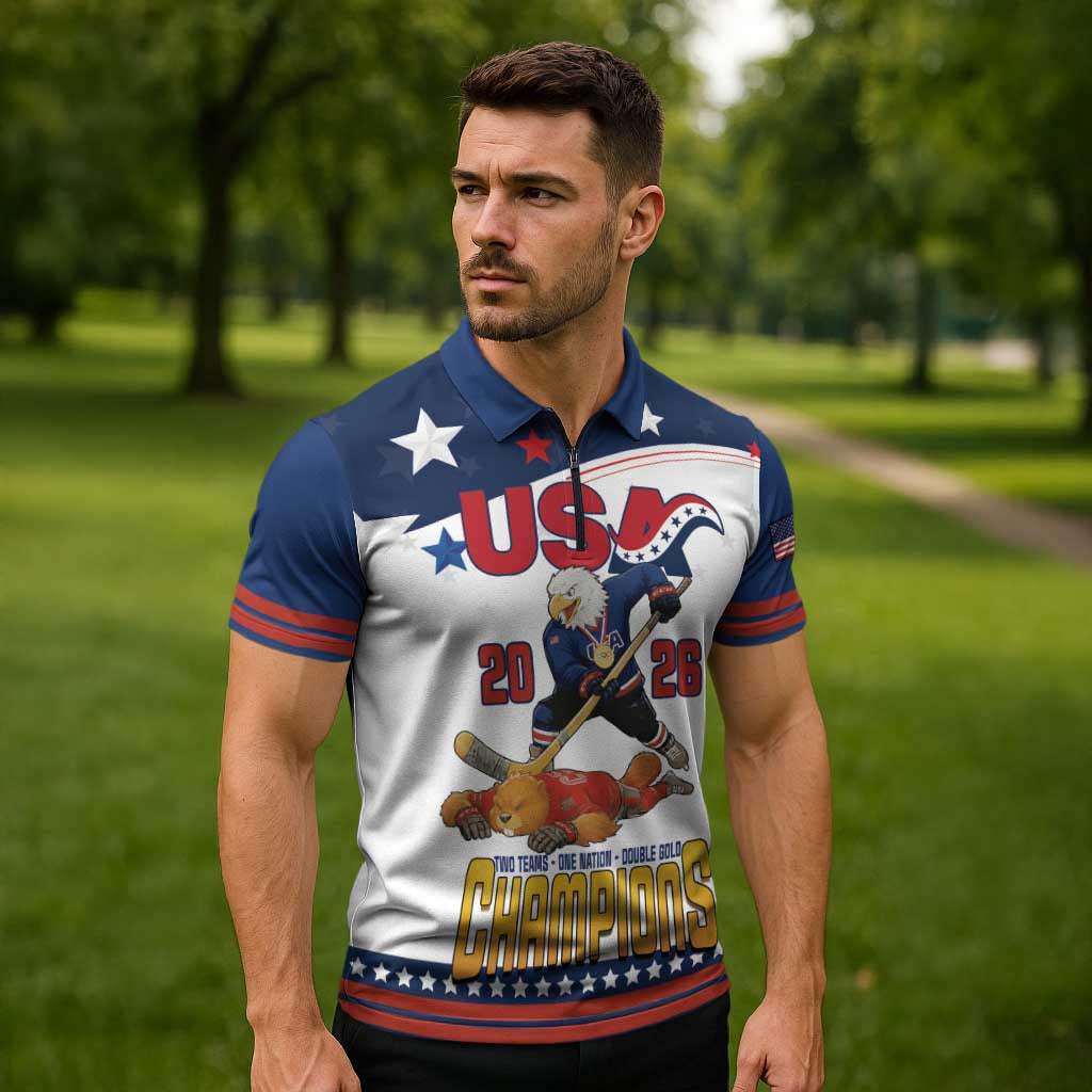 Custom USA Ice Hockey Champions 2026 Zipper Polo Shirt American Eagle Victory Hockey Pride