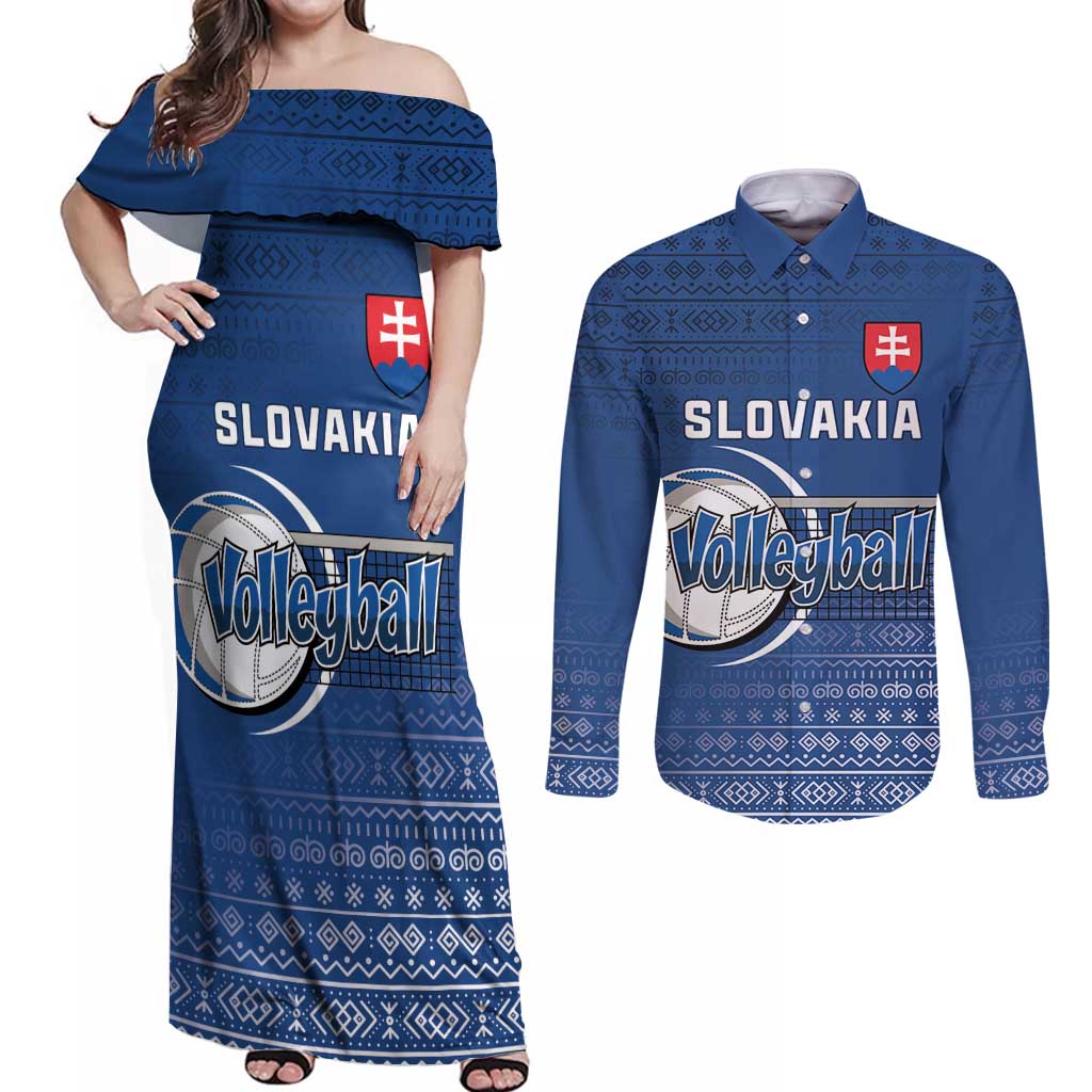 Custom Slovakia Volleyball Couples Matching Off Shoulder Maxi Dress and Long Sleeve Button Shirt Come On Repre
