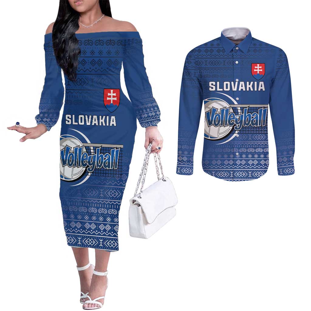 Custom Slovakia Volleyball Couples Matching Off The Shoulder Long Sleeve Dress and Long Sleeve Button Shirt Come On Repre