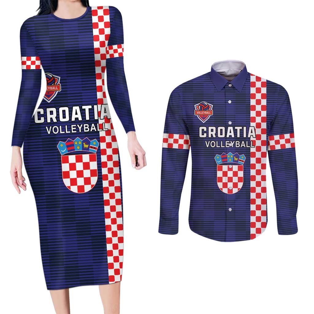 Custom Croatia Volleyball Couples Matching Long Sleeve Bodycon Dress and Long Sleeve Button Shirt Go Champions Sahovnica