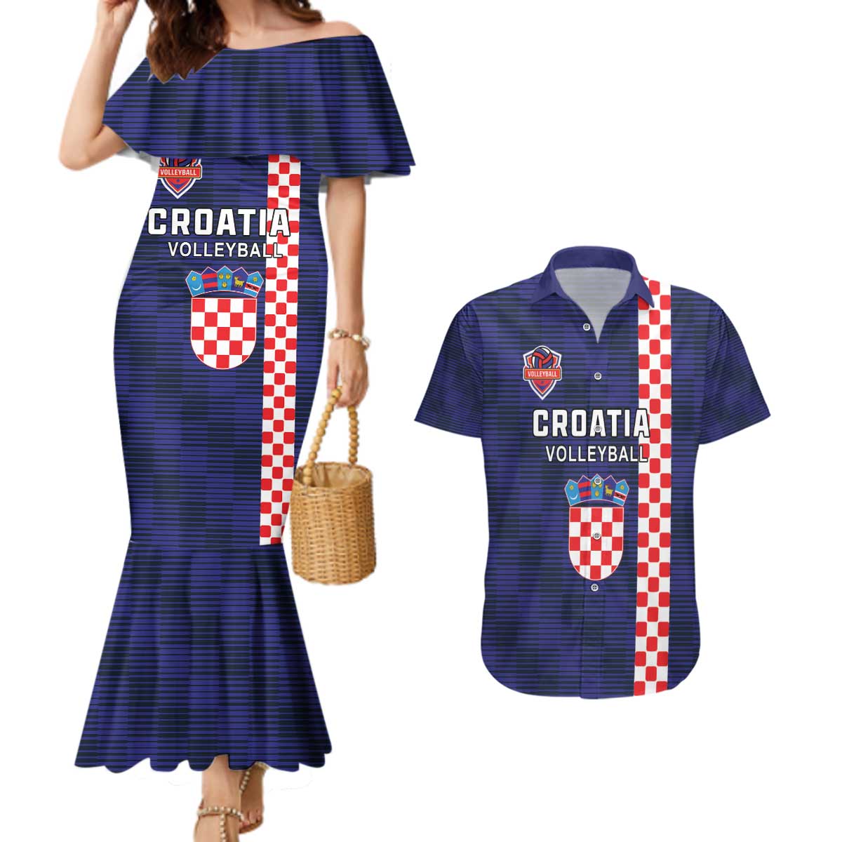 Custom Croatia Volleyball Couples Matching Mermaid Dress and Hawaiian Shirt Go Champions Sahovnica
