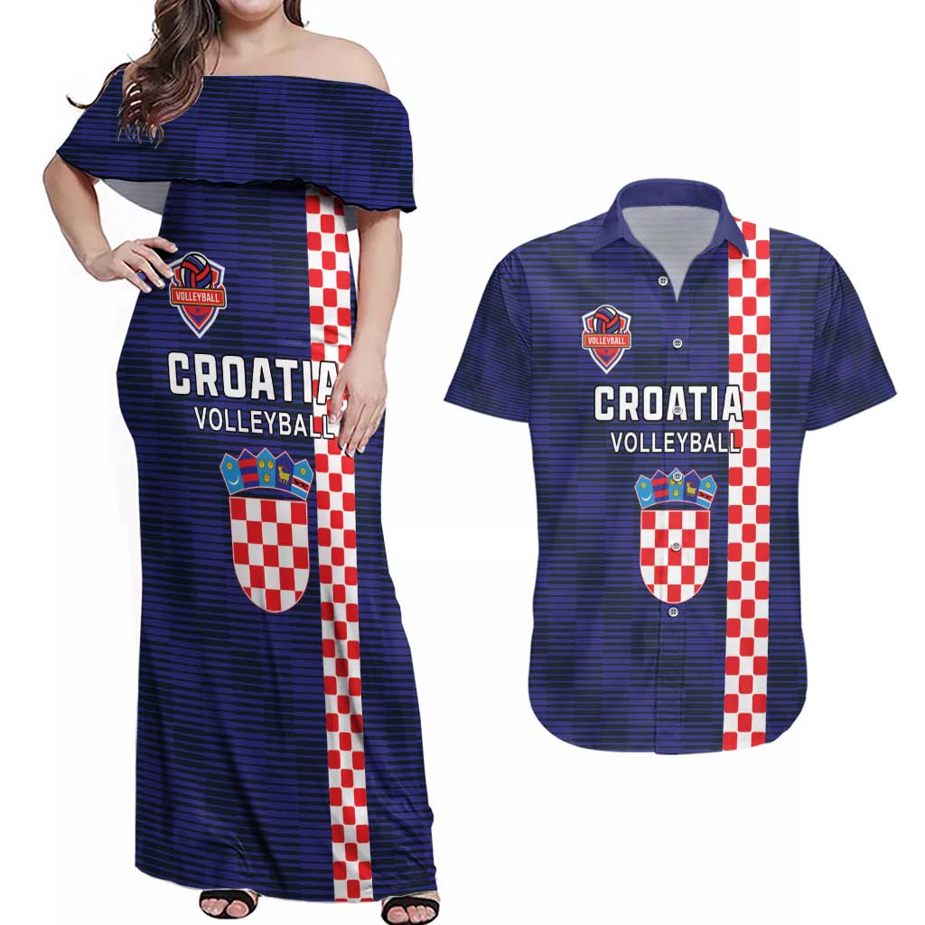 Custom Croatia Volleyball Couples Matching Off Shoulder Maxi Dress and Hawaiian Shirt Go Champions Sahovnica