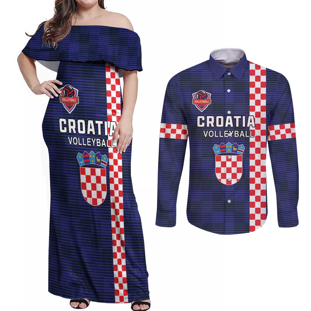 Custom Croatia Volleyball Couples Matching Off Shoulder Maxi Dress and Long Sleeve Button Shirt Go Champions Sahovnica