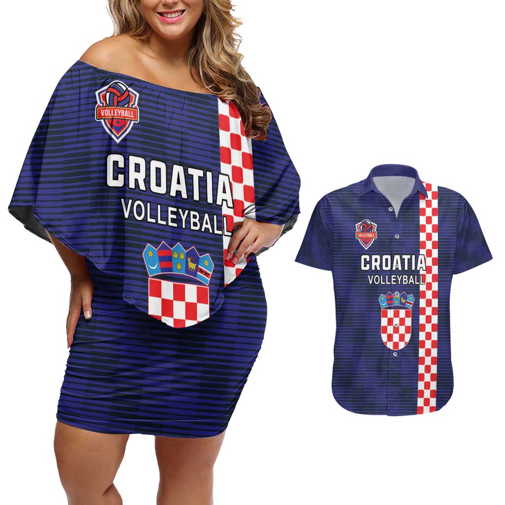 Custom Croatia Volleyball Couples Matching Off Shoulder Short Dress and Hawaiian Shirt Go Champions Sahovnica