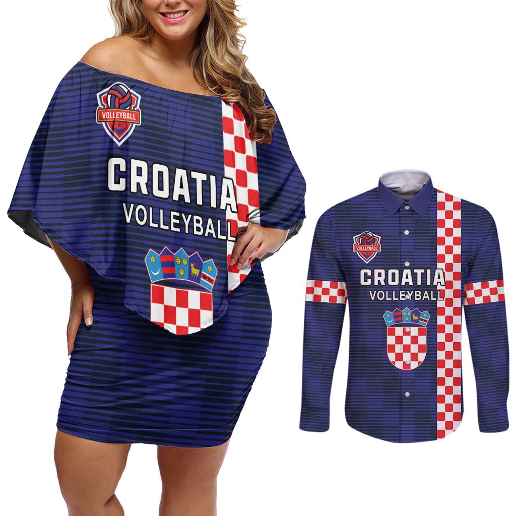 Custom Croatia Volleyball Couples Matching Off Shoulder Short Dress and Long Sleeve Button Shirt Go Champions Sahovnica