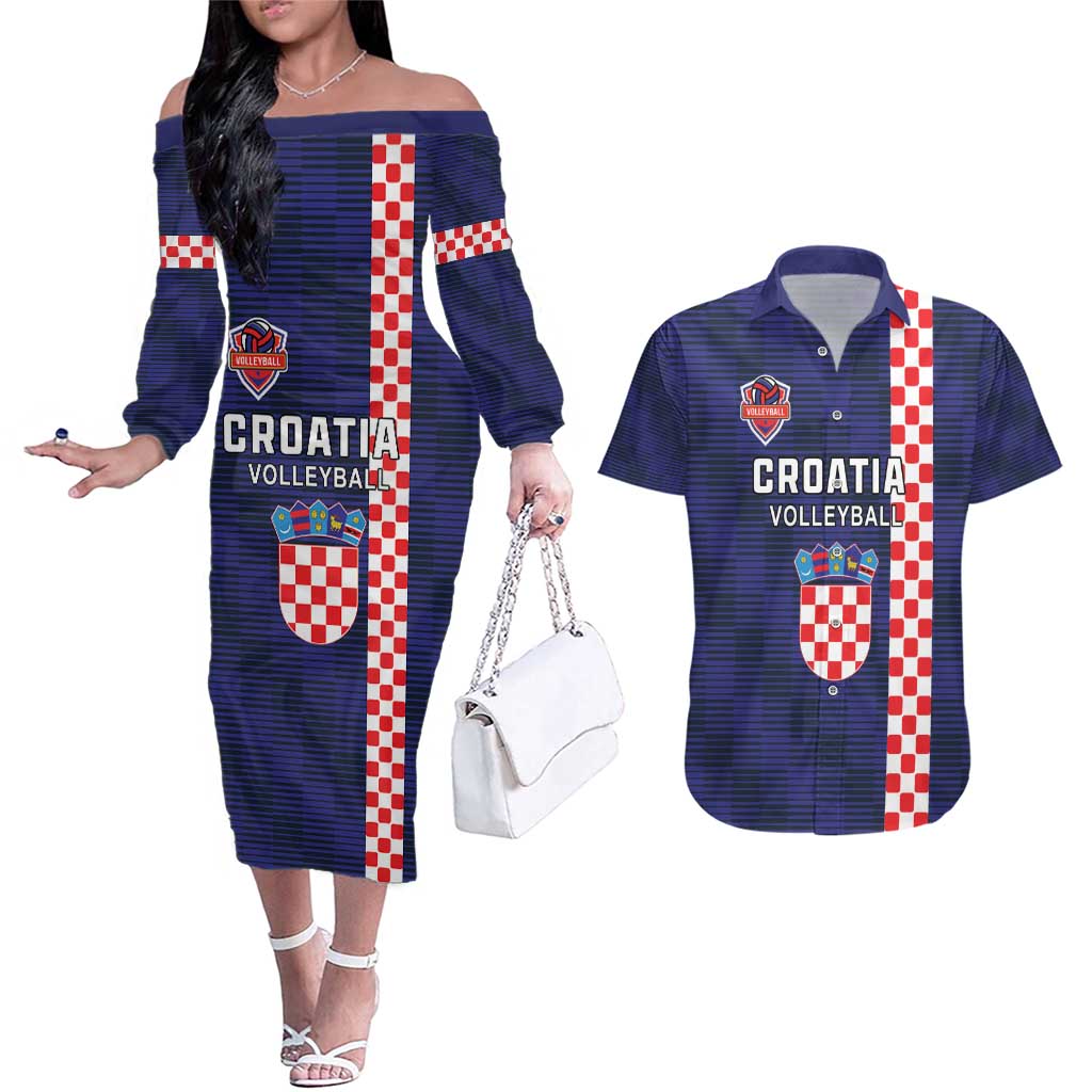 Custom Croatia Volleyball Couples Matching Off The Shoulder Long Sleeve Dress and Hawaiian Shirt Go Champions Sahovnica