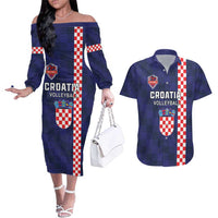 Custom Croatia Volleyball Couples Matching Off The Shoulder Long Sleeve Dress and Hawaiian Shirt Go Champions Sahovnica