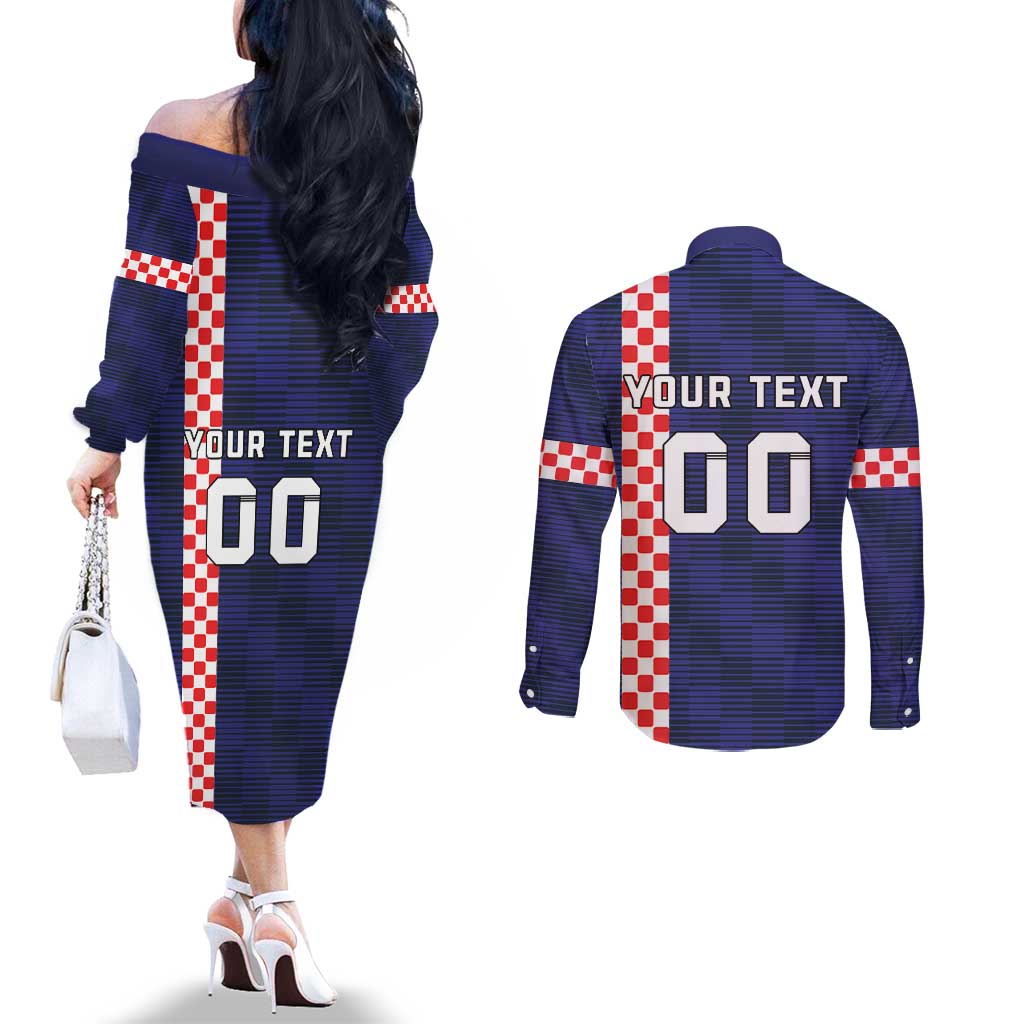 Custom Croatia Volleyball Couples Matching Off The Shoulder Long Sleeve Dress and Long Sleeve Button Shirt Go Champions Sahovnica
