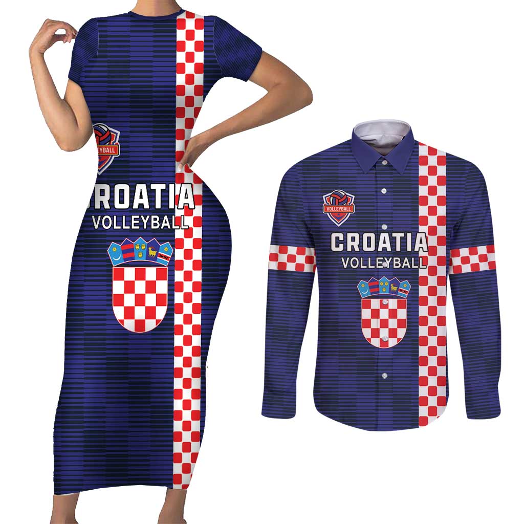 Custom Croatia Volleyball Couples Matching Short Sleeve Bodycon Dress and Long Sleeve Button Shirt Go Champions Sahovnica