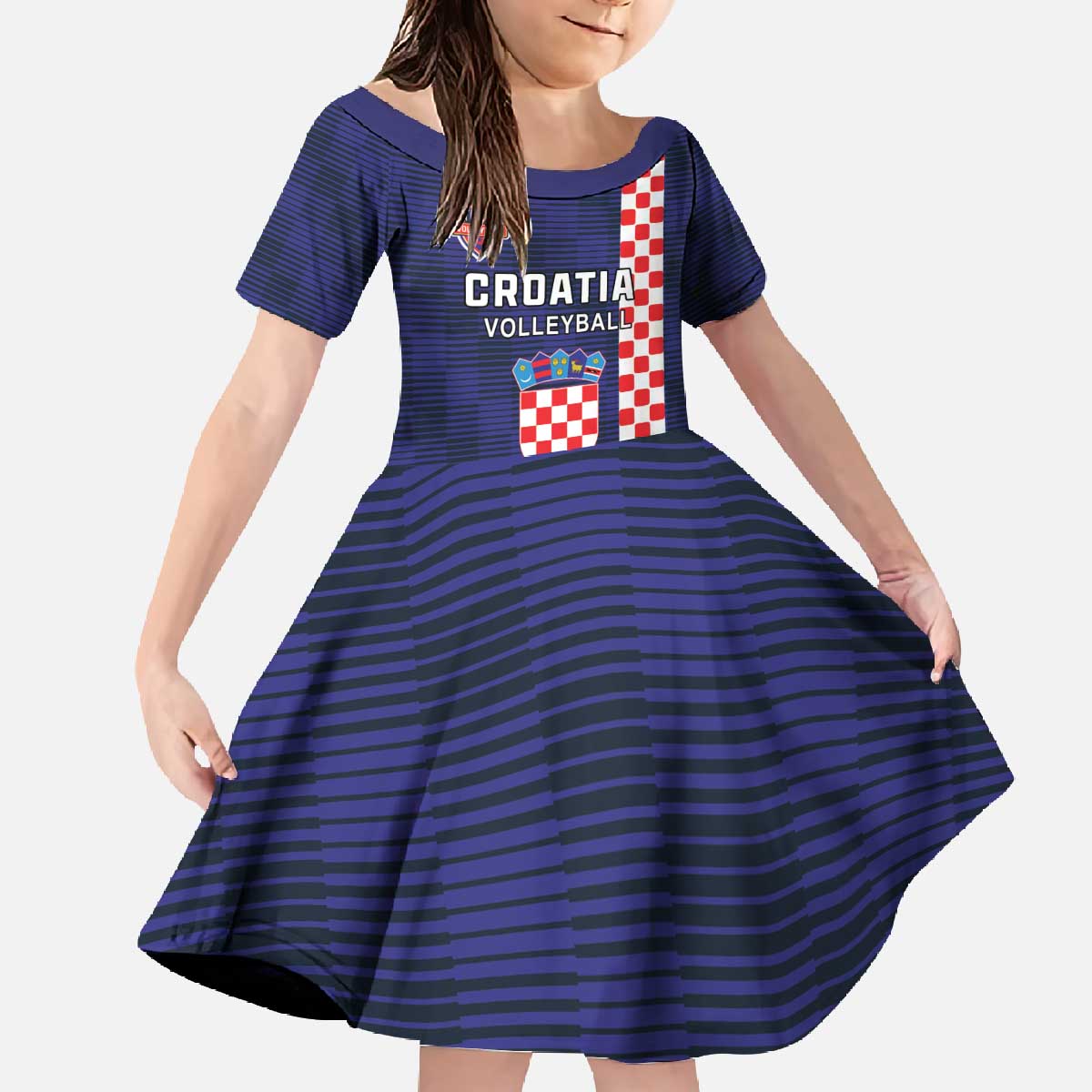 Custom Croatia Volleyball Family Matching Off The Shoulder Long Sleeve Dress and Hawaiian Shirt Go Champions Sahovnica
