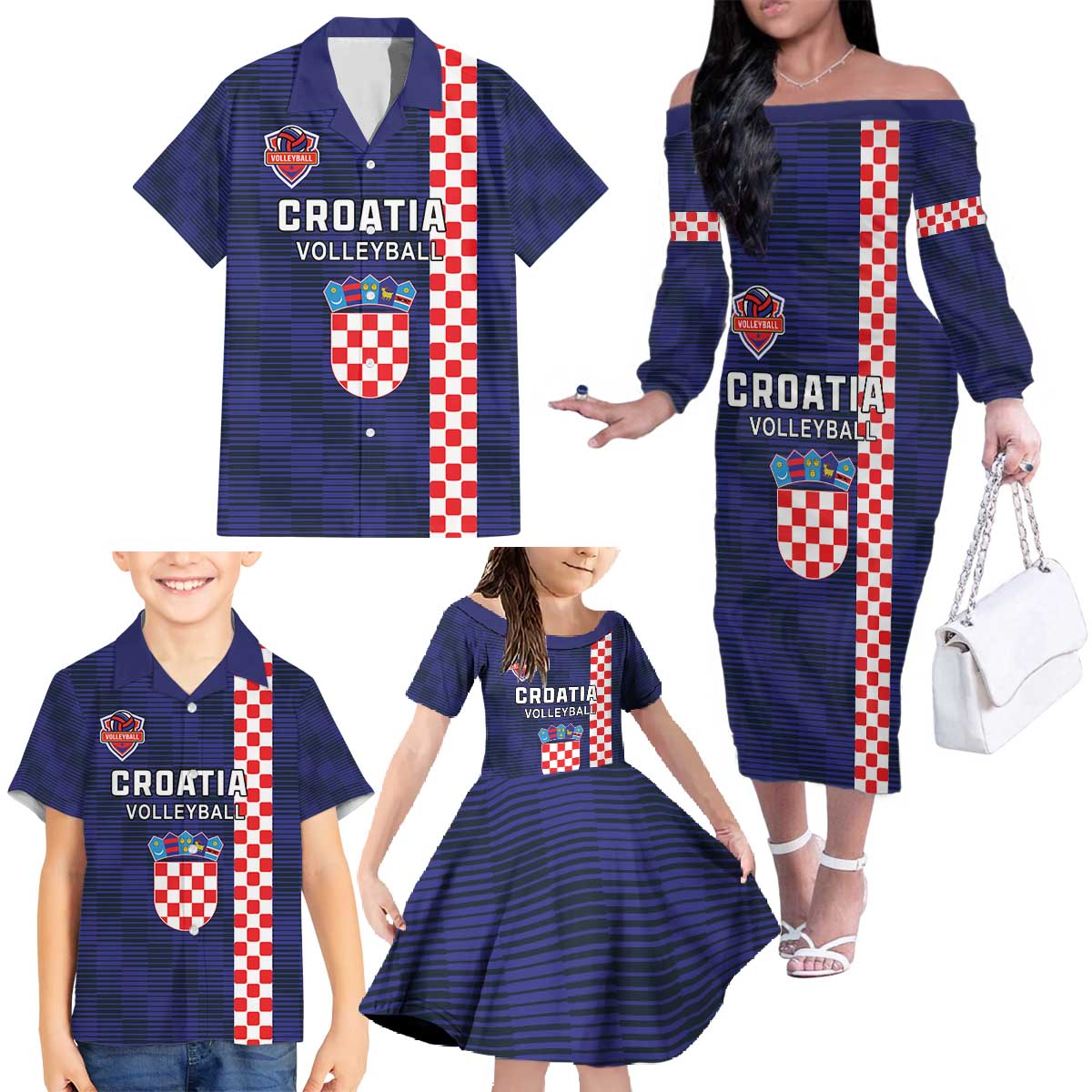Custom Croatia Volleyball Family Matching Off The Shoulder Long Sleeve Dress and Hawaiian Shirt Go Champions Sahovnica