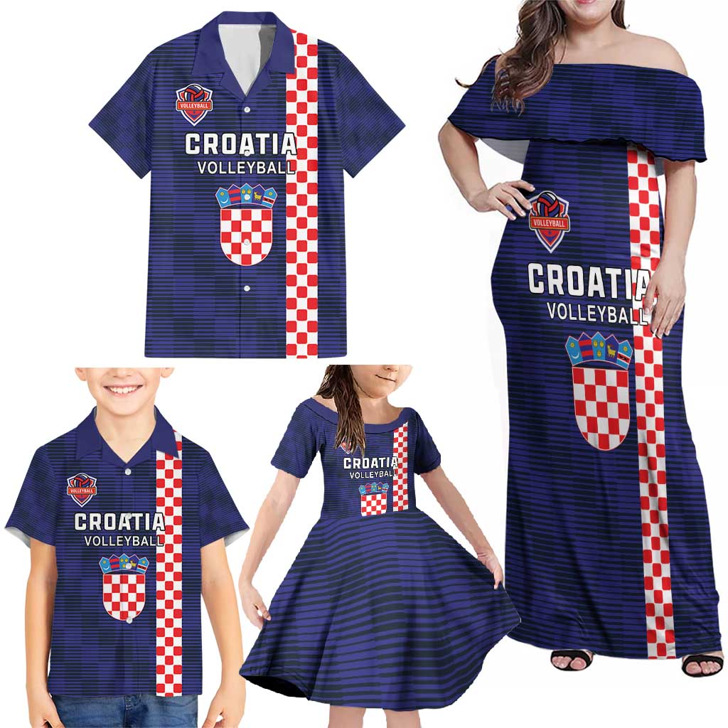 Custom Croatia Volleyball Family Matching Off Shoulder Maxi Dress and Hawaiian Shirt Go Champions Sahovnica