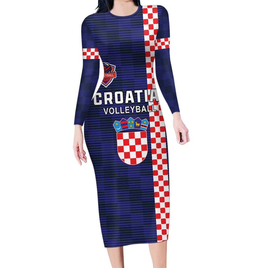 Custom Croatia Volleyball Long Sleeve Bodycon Dress Go Champions Sahovnica