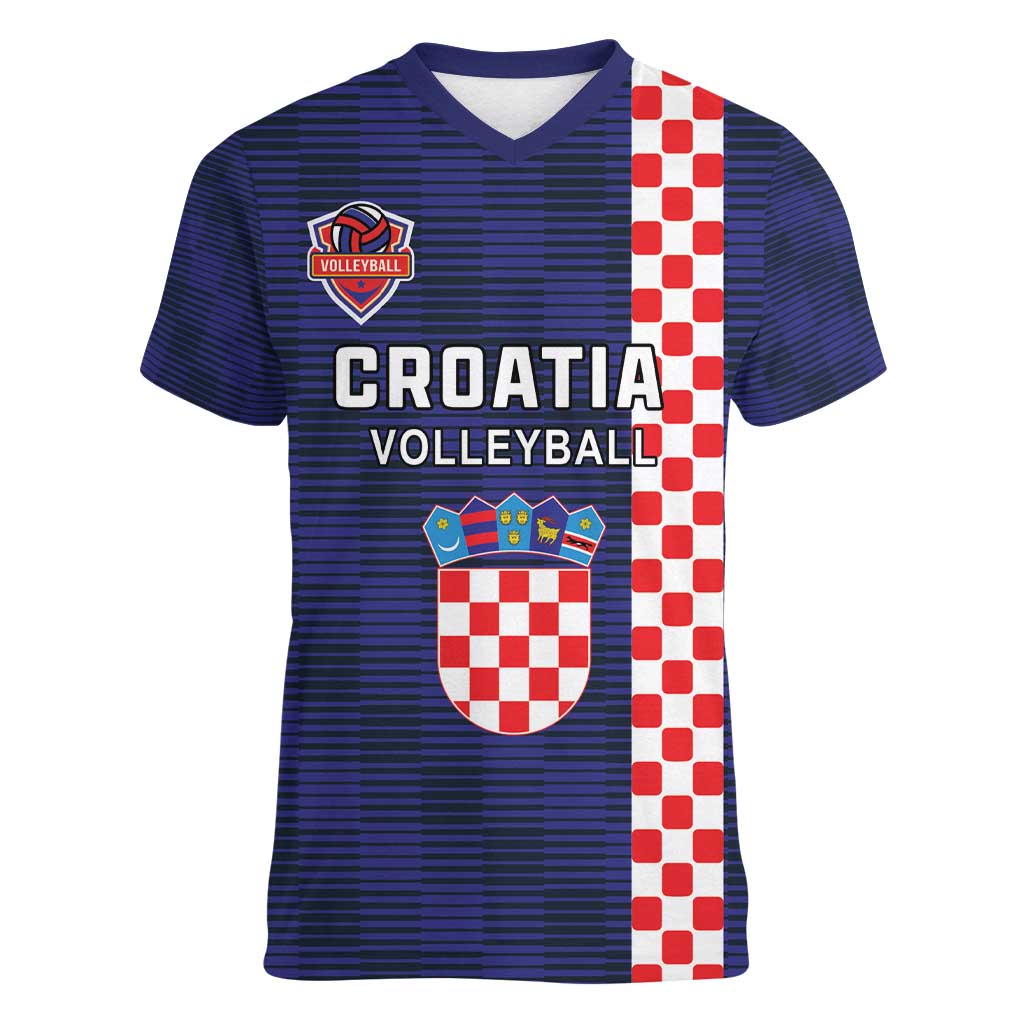 Custom Croatia Volleyball Women V-Neck T-Shirt Go Champions Sahovnica