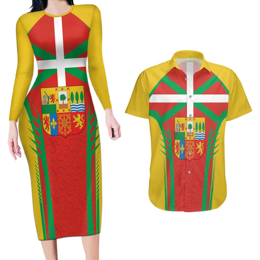 Basque Country Couples Matching Long Sleeve Bodycon Dress and Hawaiian Shirt Zazpiak Bat Flag Style
