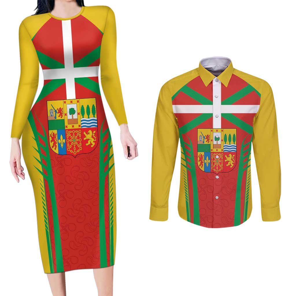 Basque Country Couples Matching Long Sleeve Bodycon Dress and Long Sleeve Button Shirt Zazpiak Bat Flag Style