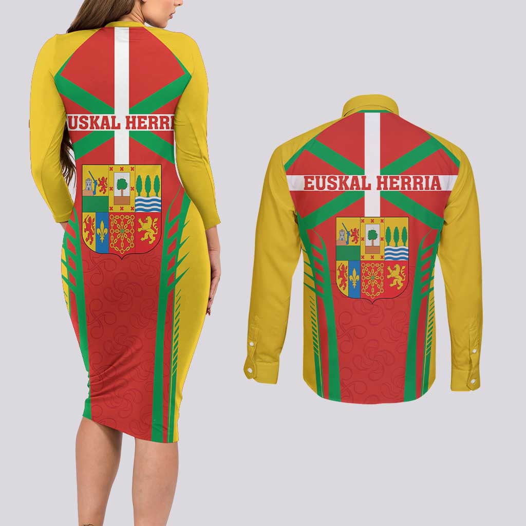 Basque Country Couples Matching Long Sleeve Bodycon Dress and Long Sleeve Button Shirt Zazpiak Bat Flag Style