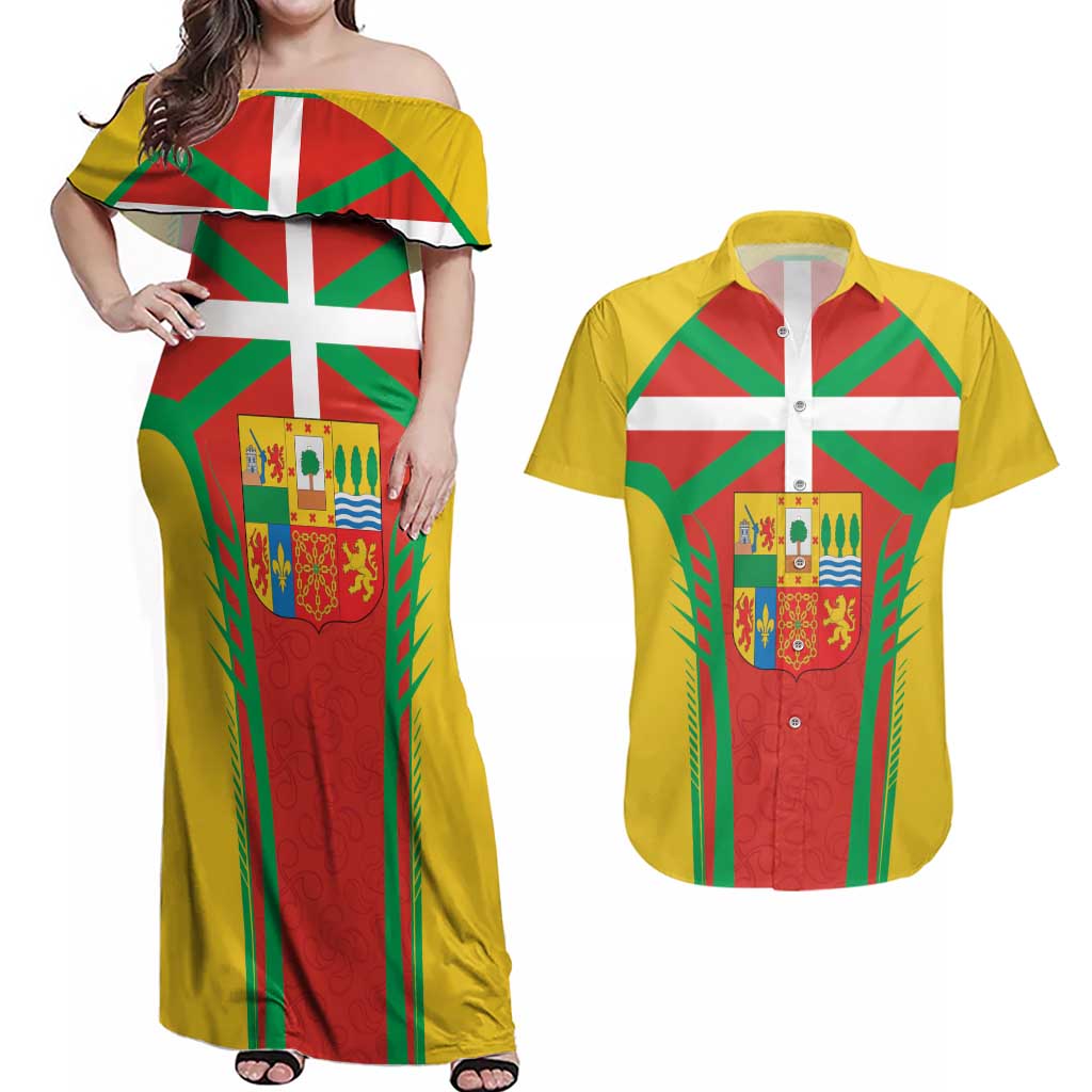 Basque Country Couples Matching Off Shoulder Maxi Dress and Hawaiian Shirt Zazpiak Bat Flag Style