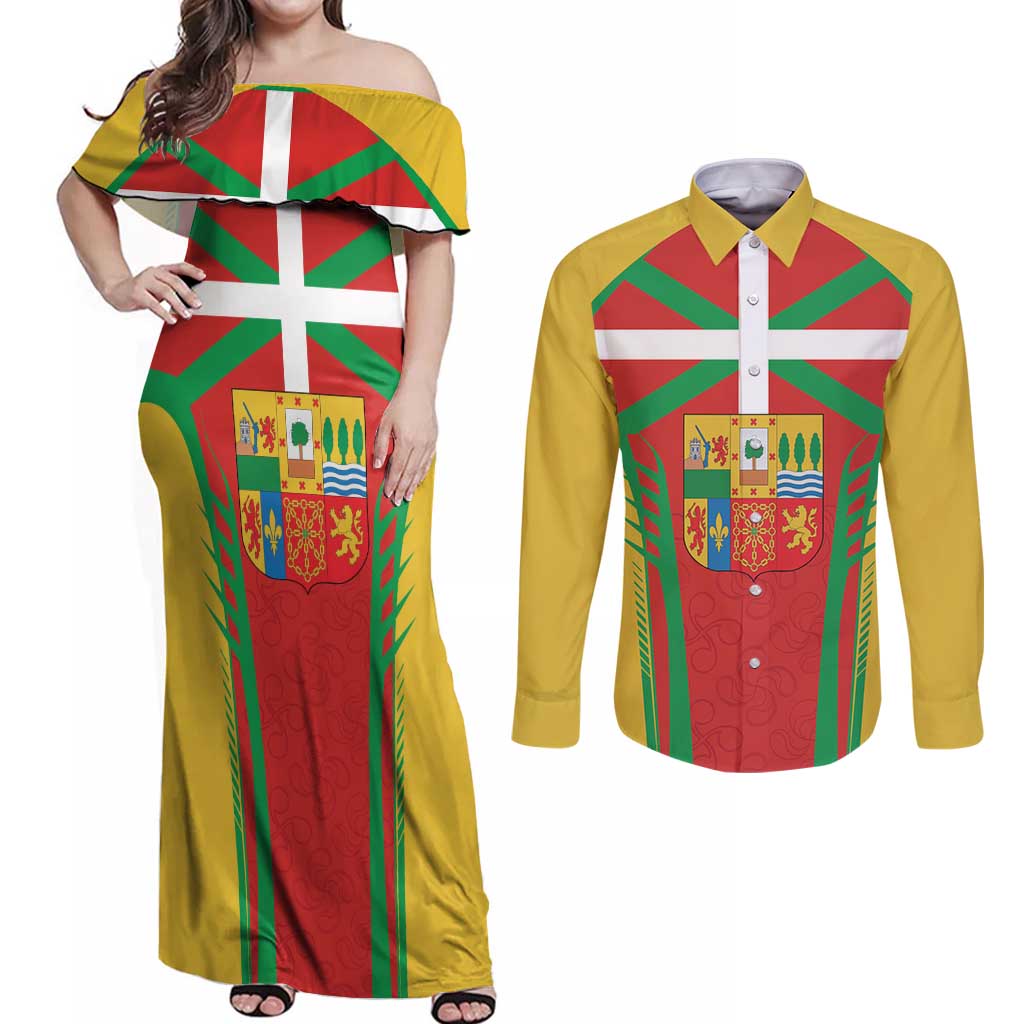 Basque Country Couples Matching Off Shoulder Maxi Dress and Long Sleeve Button Shirt Zazpiak Bat Flag Style
