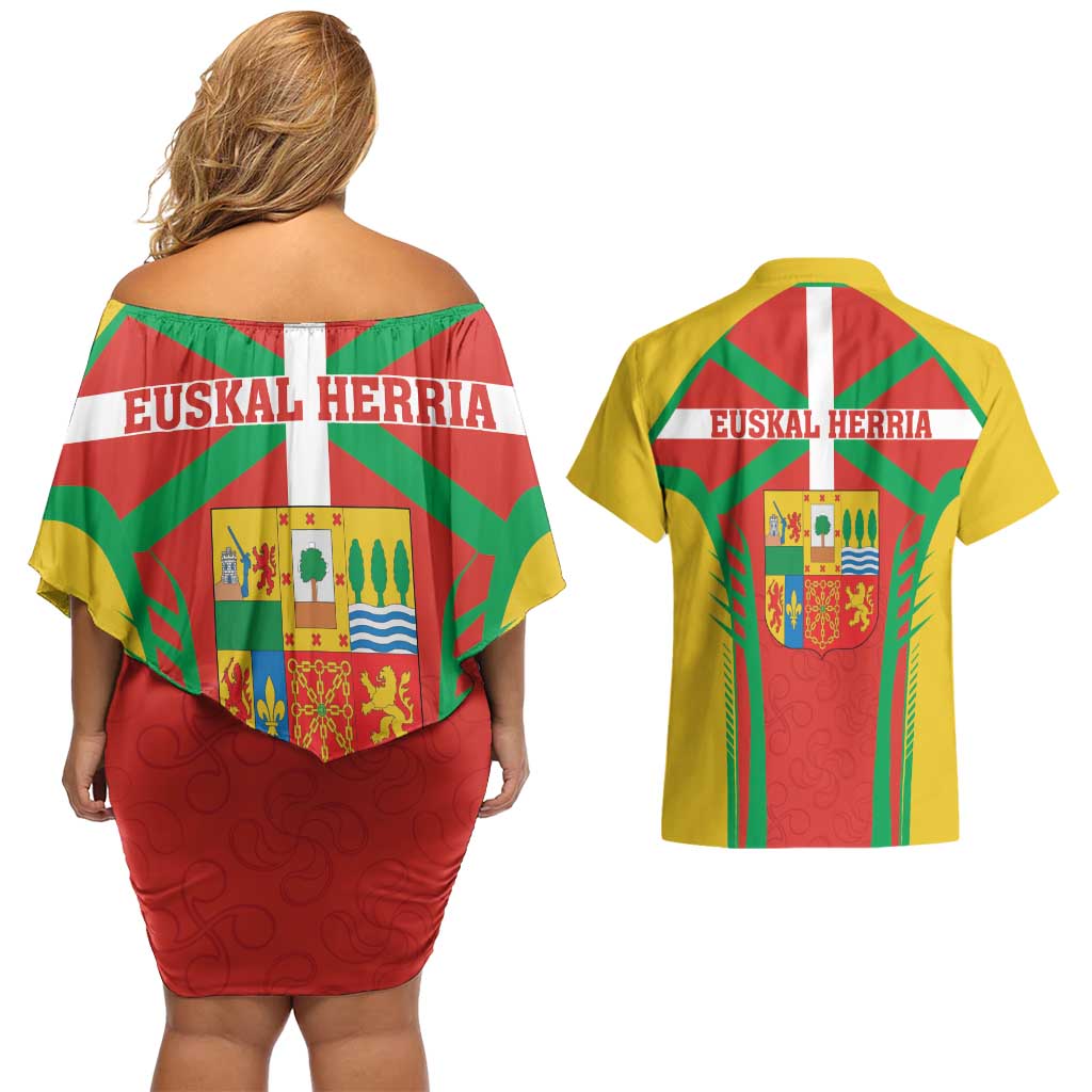 Basque Country Couples Matching Off Shoulder Short Dress and Hawaiian Shirt Zazpiak Bat Flag Style