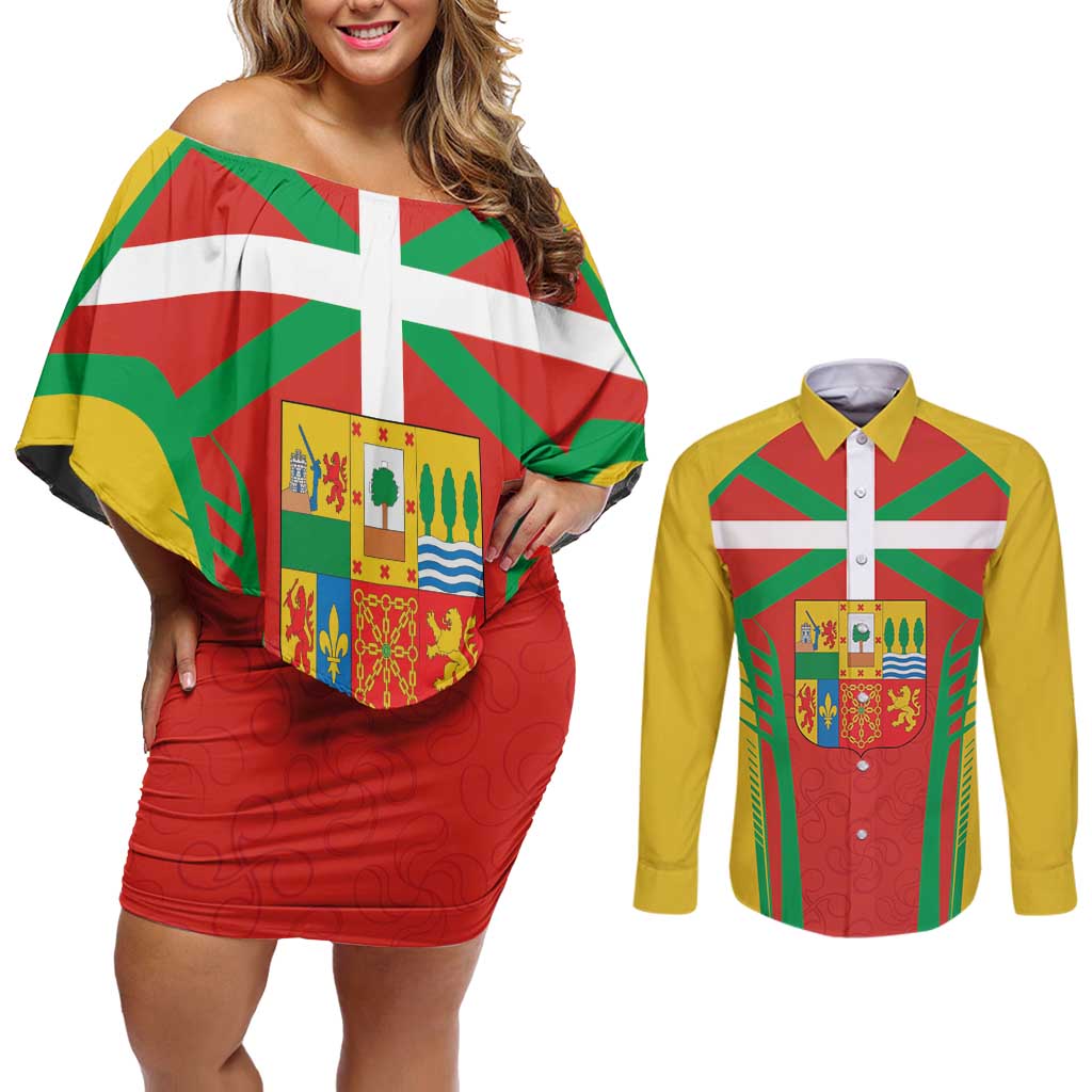 Basque Country Couples Matching Off Shoulder Short Dress and Long Sleeve Button Shirt Zazpiak Bat Flag Style