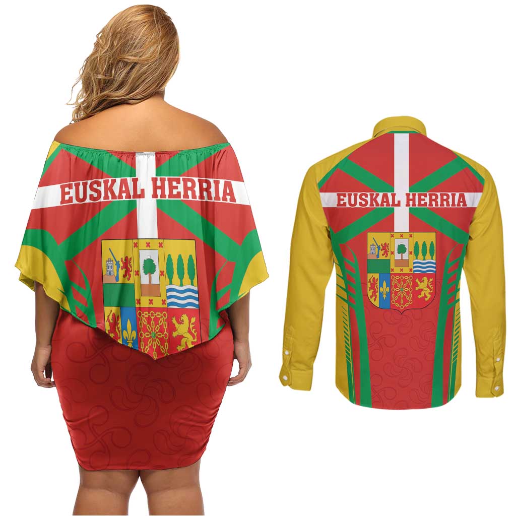 Basque Country Couples Matching Off Shoulder Short Dress and Long Sleeve Button Shirt Zazpiak Bat Flag Style