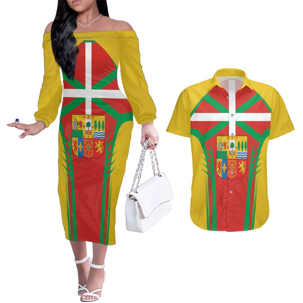 Basque Country Couples Matching Off The Shoulder Long Sleeve Dress and Hawaiian Shirt Zazpiak Bat Flag Style