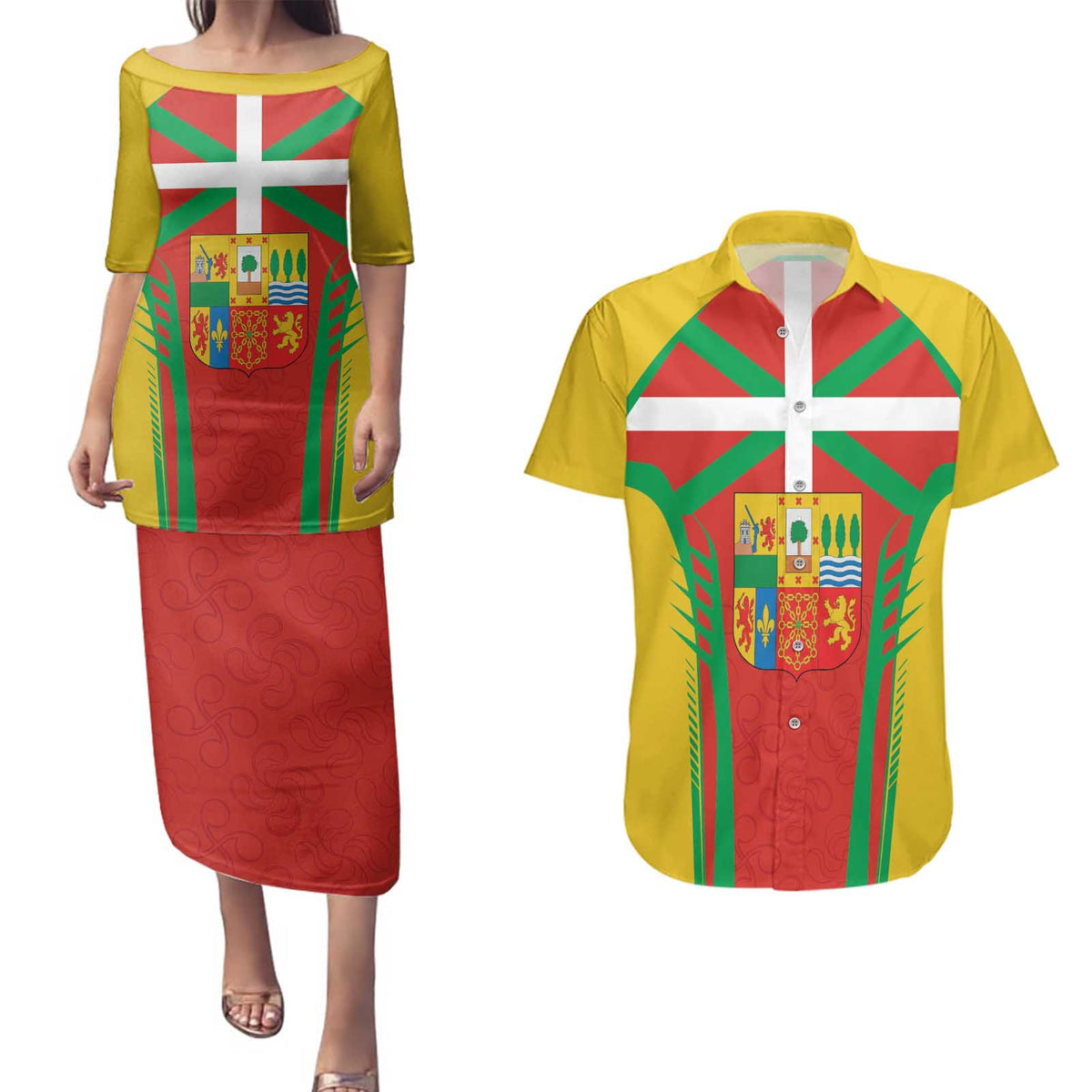 Basque Country Couples Matching Puletasi and Hawaiian Shirt Zazpiak Bat Flag Style