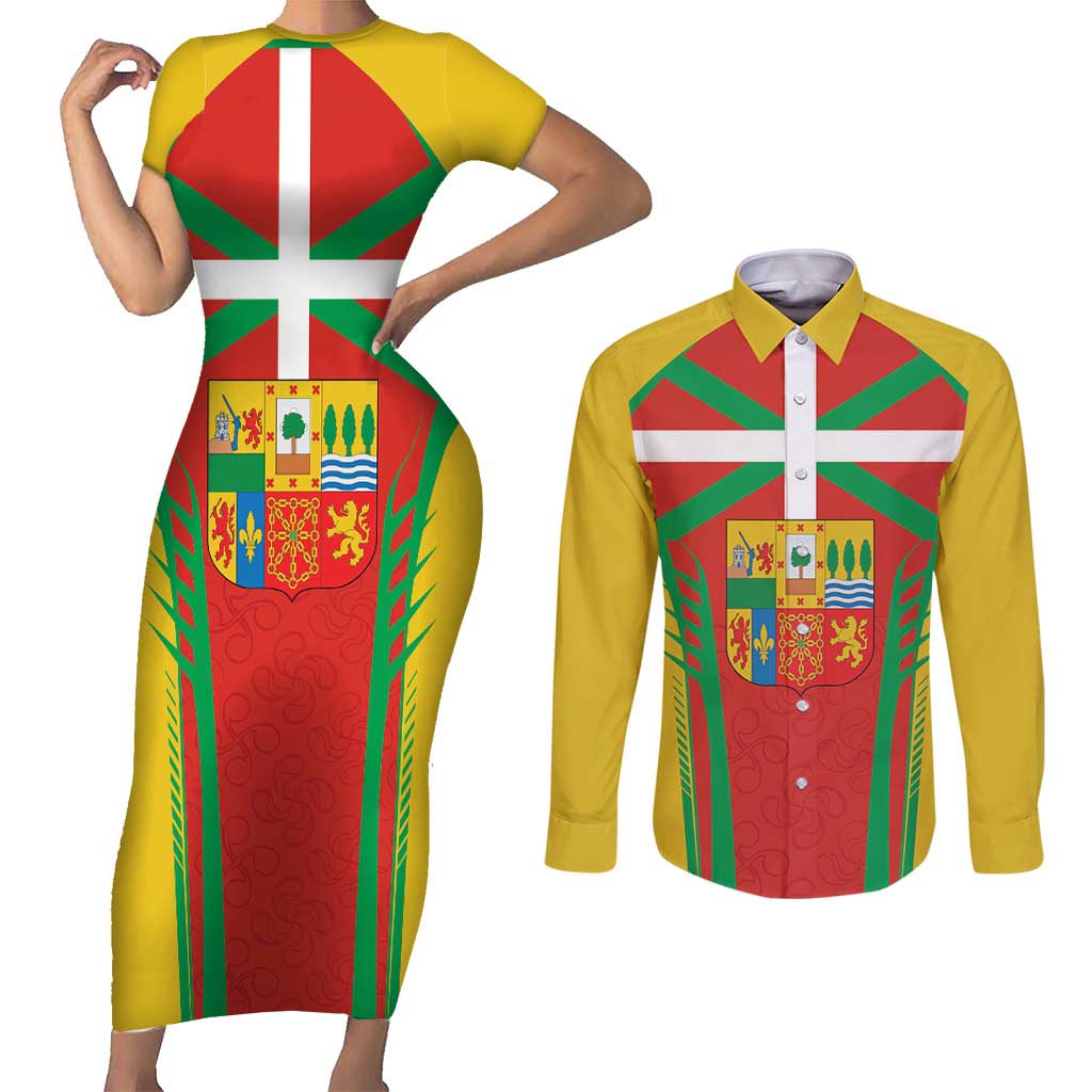 Basque Country Couples Matching Short Sleeve Bodycon Dress and Long Sleeve Button Shirt Zazpiak Bat Flag Style