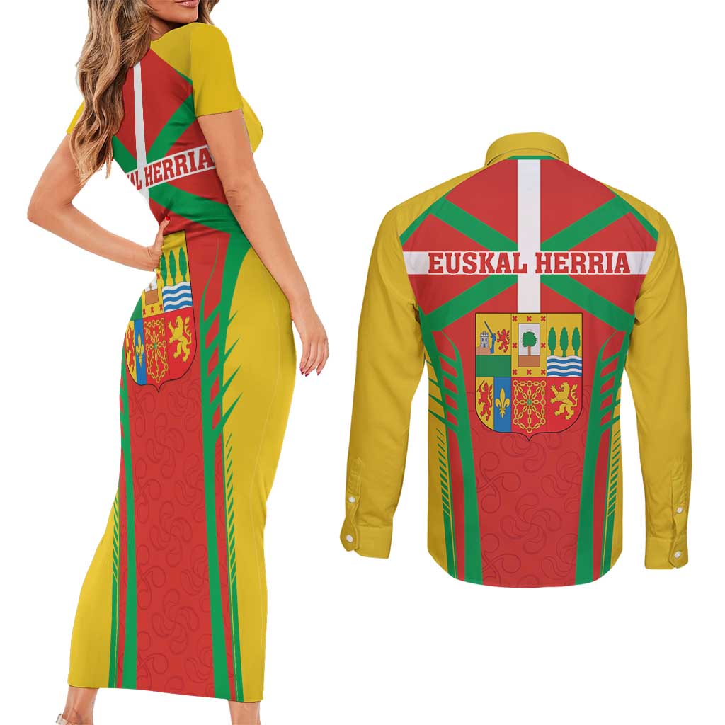 Basque Country Couples Matching Short Sleeve Bodycon Dress and Long Sleeve Button Shirt Zazpiak Bat Flag Style